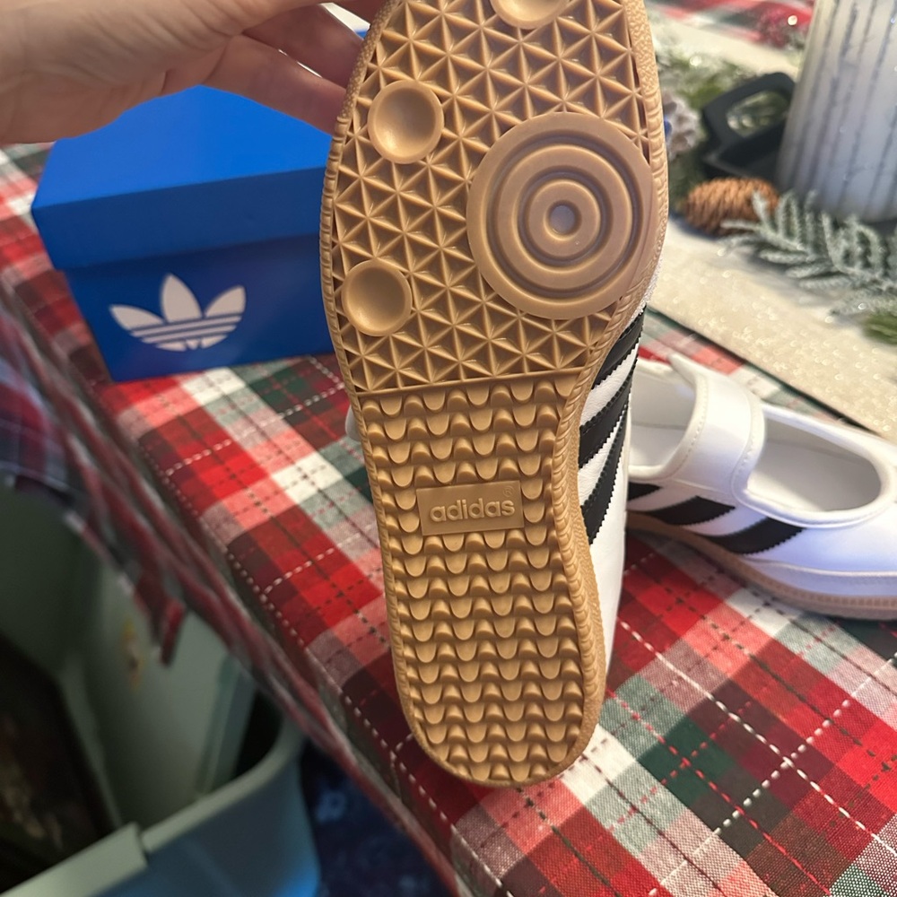 Adidas Samba Janes - White and Tan Flats with Black Stripes - Picture 6 of 14